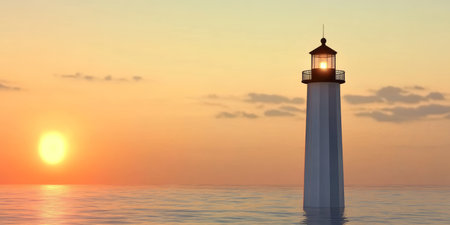 Lighthouse at Sunset, Guiding Ships Safely Through Calm Waters and Stunning Scenic Views.の素材