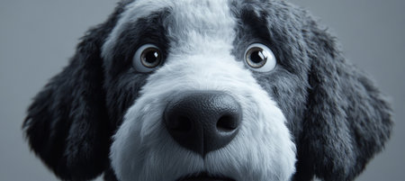 Adorable and Playful Poodle Portrait with Expressive Eyes Against a Clean Gray Studio Backdropの素材