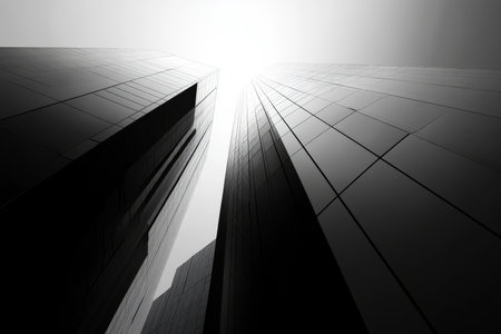 Dramatic upward shot of modern city architecture with glass skyscrapers under bright sunlight.の素材