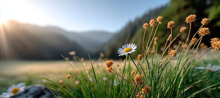 Tranquil Meadow at Sunlit Morning, Wild Daisies and Golden Grass with Majestic Mountain Backdropの素材