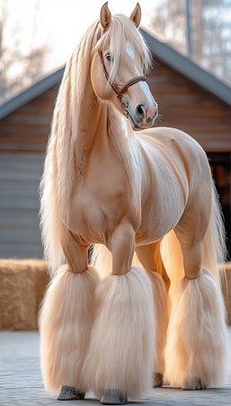 Beautiful Palomino Miniature Horse with Long Mane and Feathered Legs in Rustic Outdoor Settingの素材