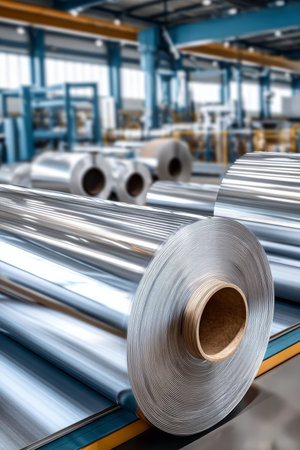 Close-Up of Metal Rolls for Packaging in Factory, Shiny Aluminum Foil Raw Materials on Conveyorの素材