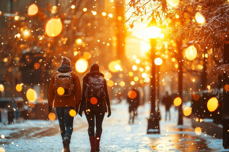 Couple Enjoying a Romantic Winter Stroll Through Snow-Covered Streets Under Festive City Lightsの素材