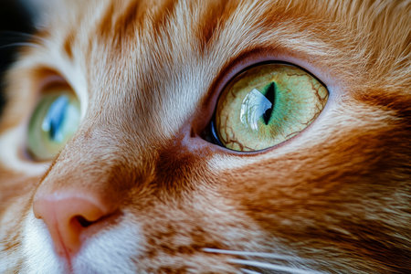 Adorable ginger tabby cat with striking green eyes, showcasing detailed fur and playful personality.の素材