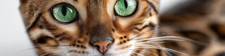 Bengal Cat with Vibrant Green Eyes Gazing Intently, Portrait Set Against a Soft Backgroundの素材