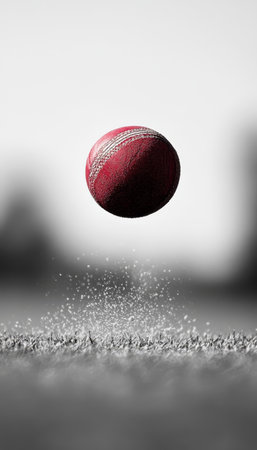 A Dramatic Capture of a Crimson Cricket Ball Soaring from a Speckled Pitch in Outdoor Actionの素材