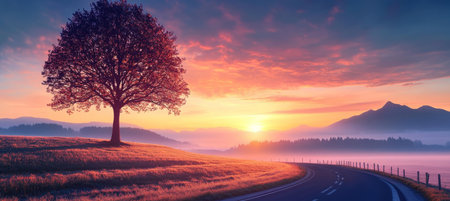 Serene Sunset Road Winding Through Misty Mountains, Capturing Golden Dreams and Lonely Treesの素材