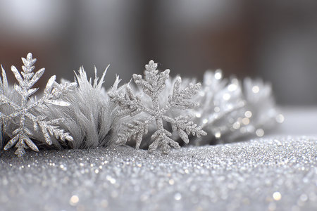 Beautiful Shining Snowflake with Delicate Silver Feathers Displayed on an Elegant Crystal Surfaceの素材