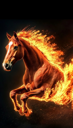 Majestic Sorrel Horse Galloping Through Fiery Landscape, Epitome of Strength and Unbridled Energyの素材