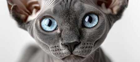 Captivating Close-Up of a Hairless Cat with Expressive Eyes Against a Soft White Backgroundの素材