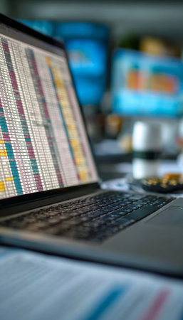 Financial Data Analysis on Computer Screen with Charts and Graphs in Professional Office Settingの素材