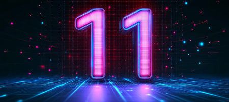 Futuristic Digital Scene Featuring Number Eleven with High-Tech Data Visualizations and Elementsの素材