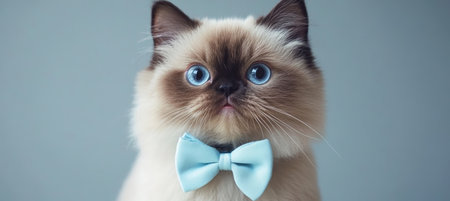 Elegant Himalayan Cat with Sky Blue Bow Tie Posing Against Gray Backdrop, Striking Expression.の素材