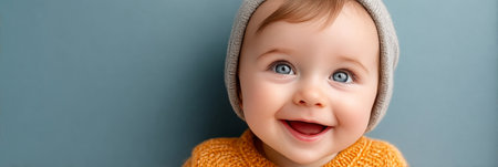Joyful Baby with an Innocent Smile Against a Bright Blue Background, Capturing Pure Delightの素材