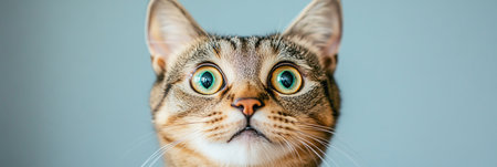 Charming American Shorthair Cat Portrait with Intense Gaze Against a Soft Gray Background.の素材