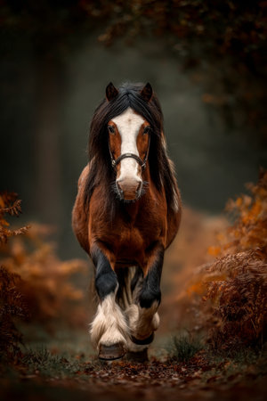 Majestic Chestnut Horse Trotting Gracefully Toward the Viewer on a Beautiful Forest Pathwayの素材