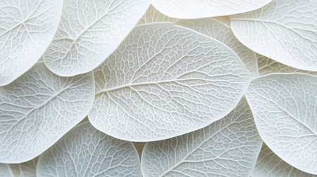 Delicate White Leaves with Translucent Veins on a Neutral Background in Nature Photographyの素材