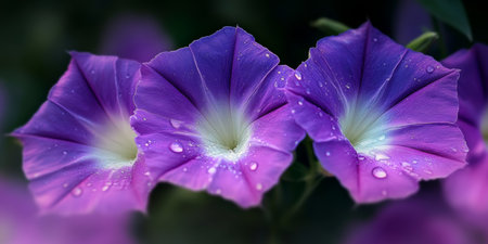 Soft Violet Morning Glories with Delicate Dew Drops in a Serene Garden Setting at Dawnの素材