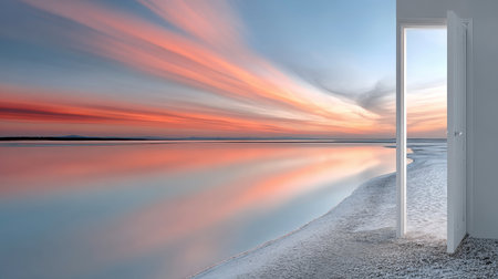 Breathtaking Coastal Sunset with Vibrant Colors and Tranquil Reflections on Calm Water Surfaceの素材