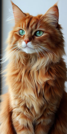 Elegant Domestic Longhair Cat with Fiery Ginger Fur and Stunning Green Eyes, Soft Expression, Fluffyの素材