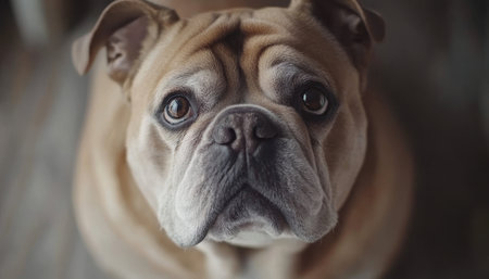 Charming Bulldog Portrait with Expressive Eyes and Soft Wrinkles, Captured Against a Gray Backgroundの素材