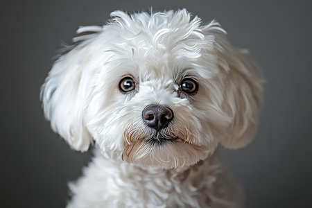 Charming Fluffy White Dog Portrait with Dark Eyes and Soft Fur Against a Grey Backgroundの素材