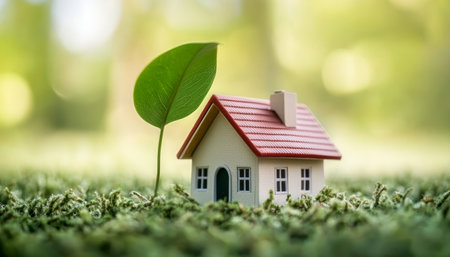 Miniature House Nestled in Lush Greenery, Representing Sustainable Living and Eco-Friendly Practicesの素材
