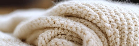 Close-up of a Creamy White Knitted Textile, Showcasing Softness, Warmth, and Intricate Detailの素材