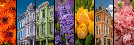 Spectrum Hues Vibrant Townhouses Surrounded by Lush Florals Creating a Colorful Urban Symphonyの素材