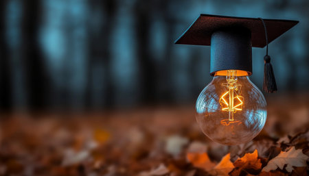 A Bright Graduation Moment Glowing Light Bulb Wearing Academic Cap Surrounded by Autumn Leavesの素材
