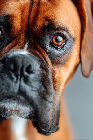 Charming Portrait of an Adorable Boxer Dog with Expressive Eyes on a Clean Gray Backgroundの素材