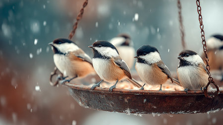 Group of Four Adorable Chickadees Perched on Feeder Amidst Heavy Winter Snow on a Cold Dayの素材