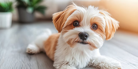 Adorable Shih Tzu Puppy Relaxing on Floor at Home, Looking Up with an Endearing Expressionの素材
