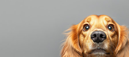 Charming Golden Cocker Spaniel with Wide Eyes Displays Sweet Listening Expression on Grey Backgroundの素材