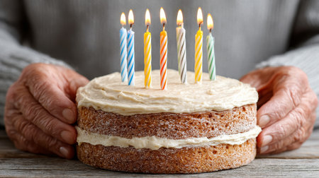 Grandmother s hands holding a beautifully decorated birthday cake with lit candles, celebrating joy.の素材