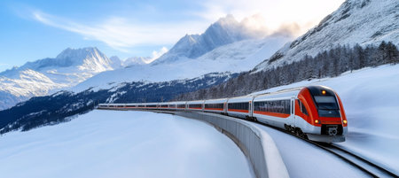 Breathtaking Scenic Winter Journey Through Majestic Snow-Covered Peaks on a Modern Train Adventureの素材
