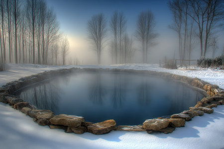 A Serene Winter Landscape Featuring a Tranquil Hot Spring Steam Amidst Snow-Covered Evergreensの素材