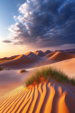 Golden Desert Sands Under a Vibrant Sky, Capturing Majestic Dunes and Grass Tufts in Landscapeの素材