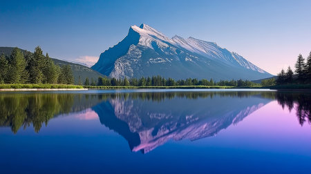 Breathtaking panoramic view of serene mountains reflected in tranquil lake, nature s perfect harmonyの素材