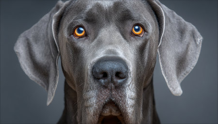 Elegant Gran Dane Portrait Showcasing Its Intense Gaze and Intelligent Expression on Grey Backgroundの素材
