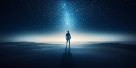 Solitary Wanderer Gazing at Starry Skies, Exploring Cosmic Horizons Under a Breathtaking Night Skyの素材