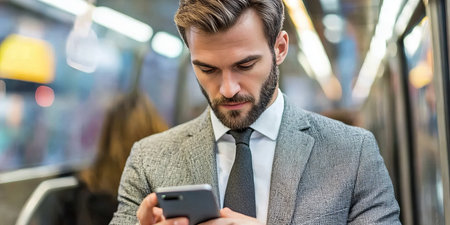 Businessman in a Suit Utilizing a Smartphone Efficiently While Commuting on Public Transportの素材