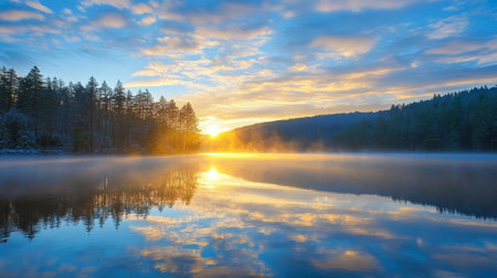 Tranquil Lake Surrounded by Lush Green Forest Under a Stunning Golden Morning Sky with Reflectionsの素材