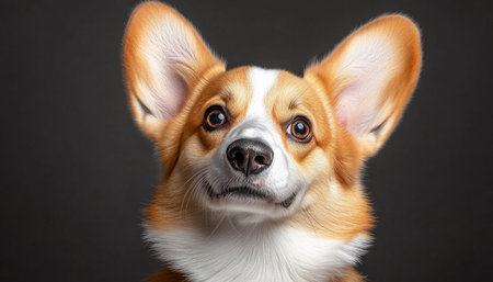 Adorable Pembroke Welsh Corgi with Brown Eyes Posing for Portrait Photography on Dark Backgroundの素材