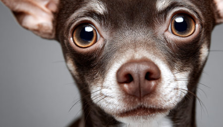 Adorable Close-Up of a Charming Chihuahua with Big Eyes on a Soft Gray Background Portraitの素材