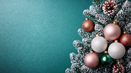 Festive Emerald Scene Featuring Stylish Pink and White Ornaments Hanging Among Fresh Fir Branchesの素材