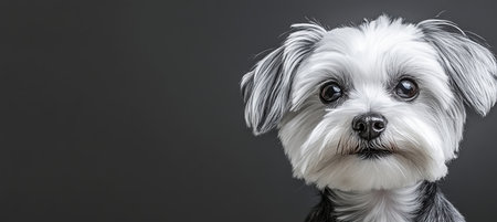 Charming Gray and White Maltese Dog Portrait with Emotive Gaze on Studio Backdrop, Showing Delightの素材
