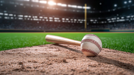 Dynamic Baseball Game Scene Highlighting the Bat and Ball Near Home Base, Capturing Excitementの素材