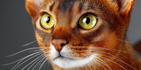 Stunning Abyssinian Cat with Striking Amber Eyes Posing Elegantly Against a Soft Gray Backgroundの素材
