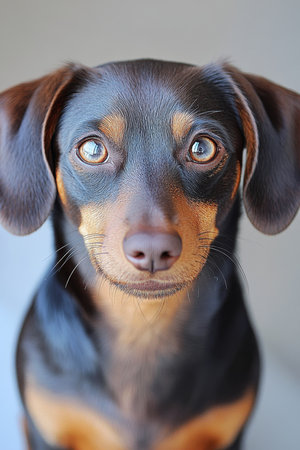 Joyful indoor portrait of a chocolate teckel showcasing its delightful personality and features.の素材